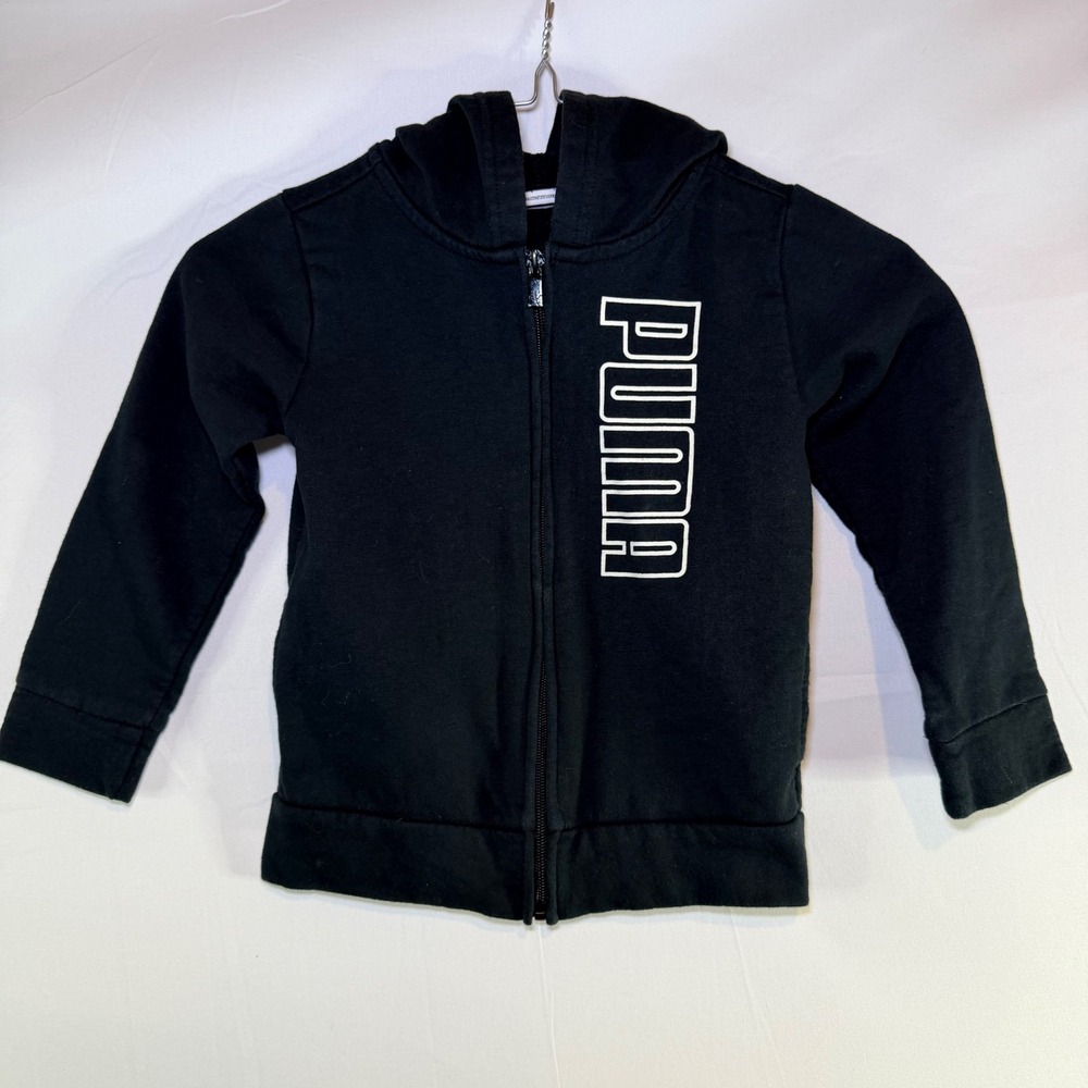Puma Boys Black Full Zip Hoodie Size 4 Vertical Logo Hooded Sweatshirt Fleece